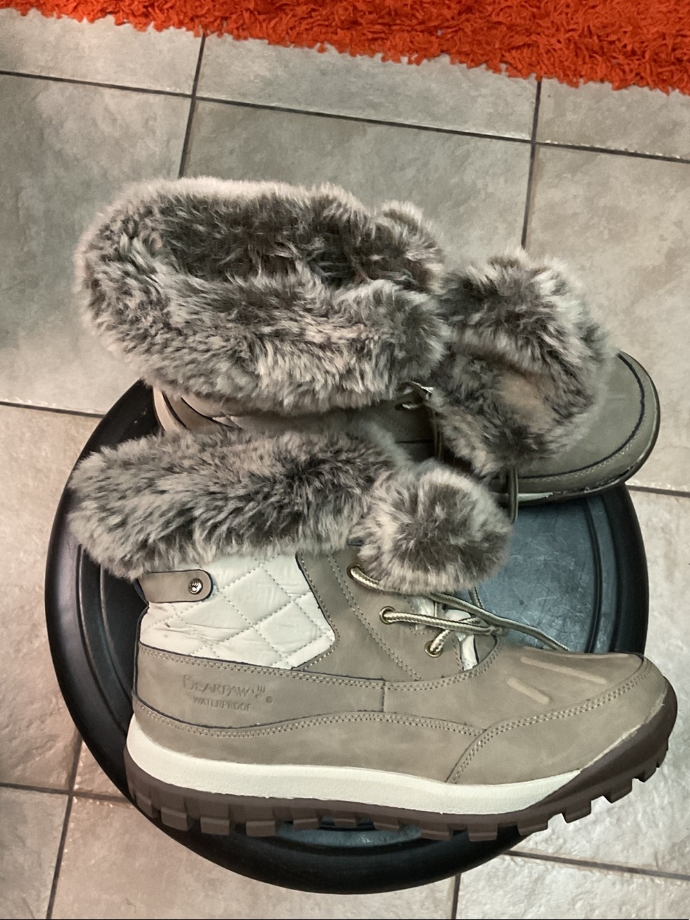 BearPaw Taupe Gray Quilted Faux-Fur Lace-Up Winter Boots